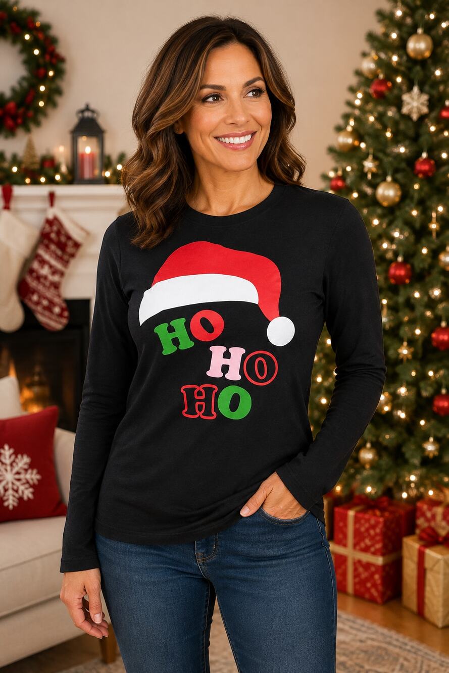 Truhearts HO HO HO Santa Hat Christmas Long Sleeve Tee Shirt  Medium Black NWOT